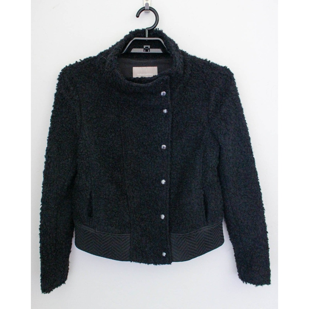 Banana Republic Jacket Womens 10 Black Wool Boucle Asymmetrical Moto Cropped